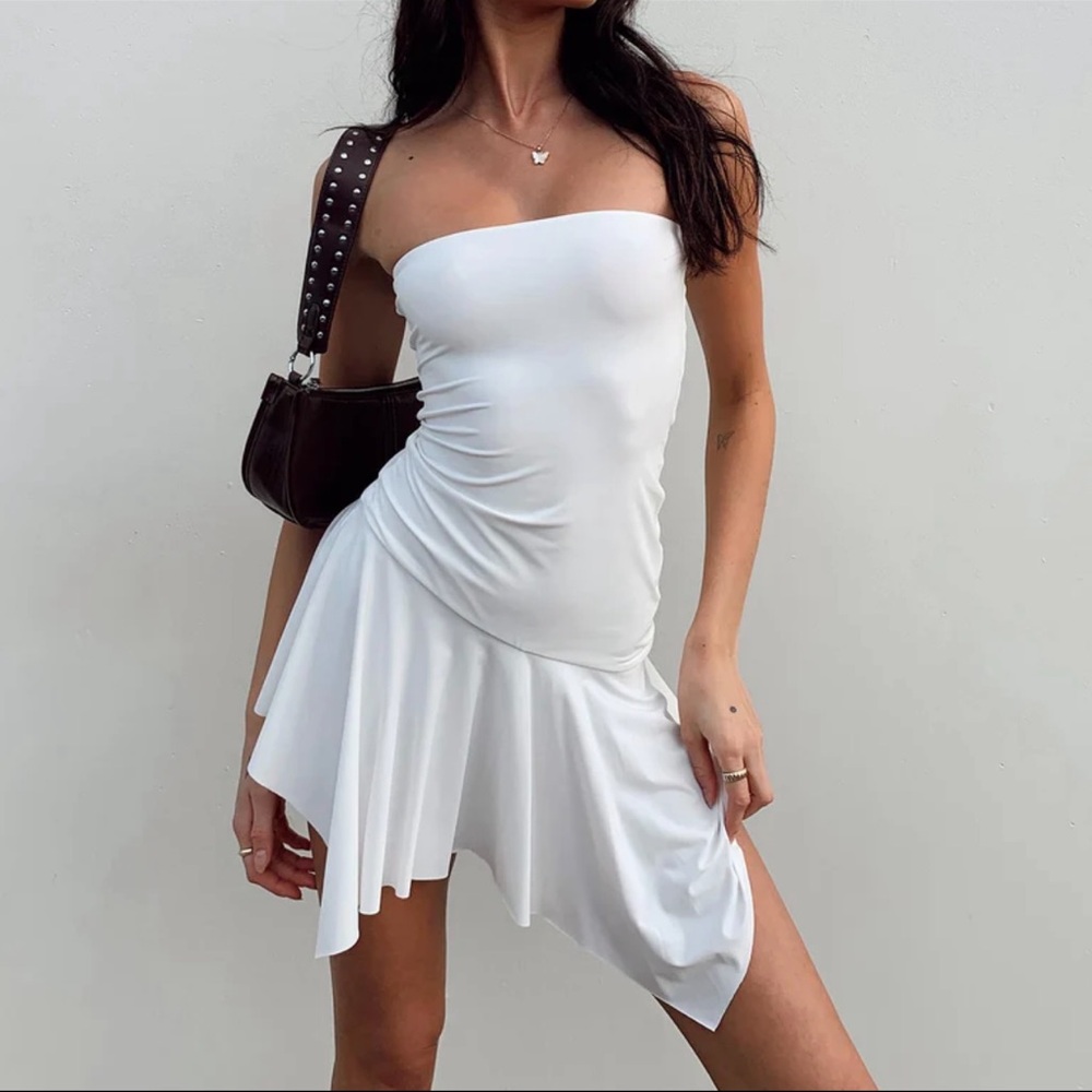 Princess Polly White Asymmetrical Drop Waist Strapless Dress